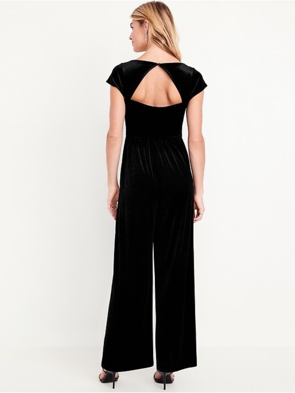 Square Neck Black Velvet Wide Legged Jumpsuit with Back Cutout